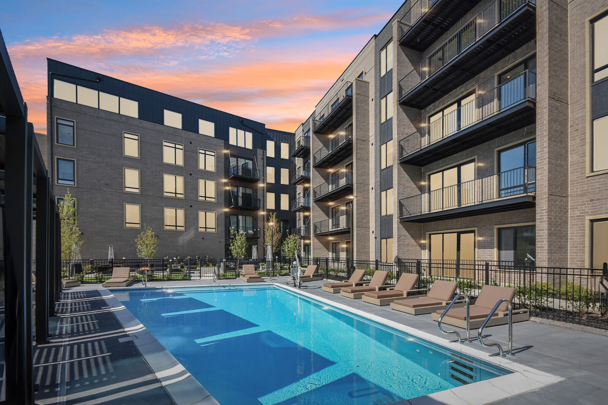 Pool courtyard at sunset